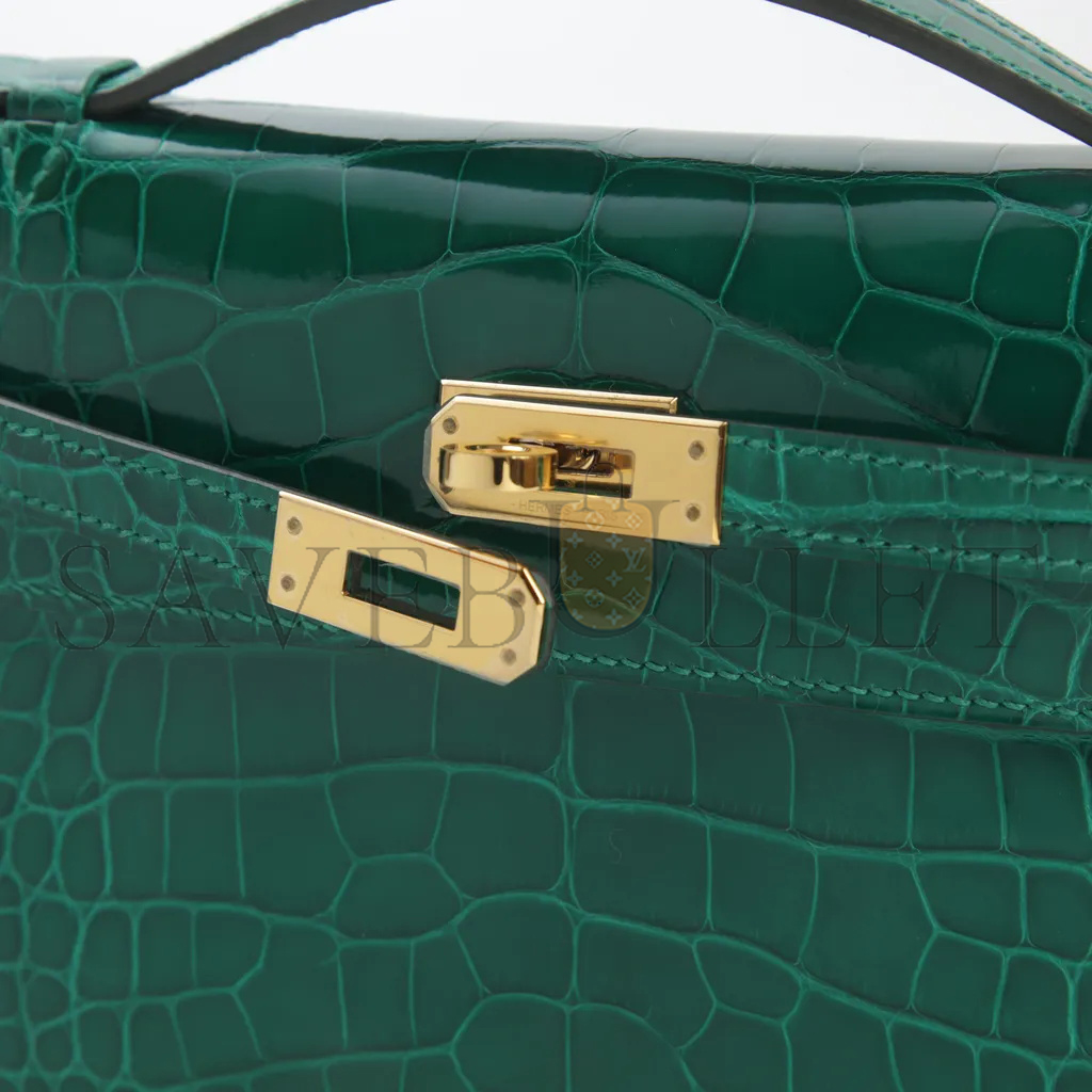 HERMÈS MASTER KELLY POCHETTE VERT EMERAUDE CROCODILE LEATHER GOLD BUCKLE (22*14*7cm)